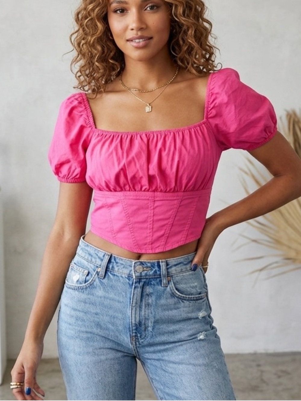 Japna Hot Pink Puff Sleeve Crop Top Corset Bodice Ruched Square Neck medium